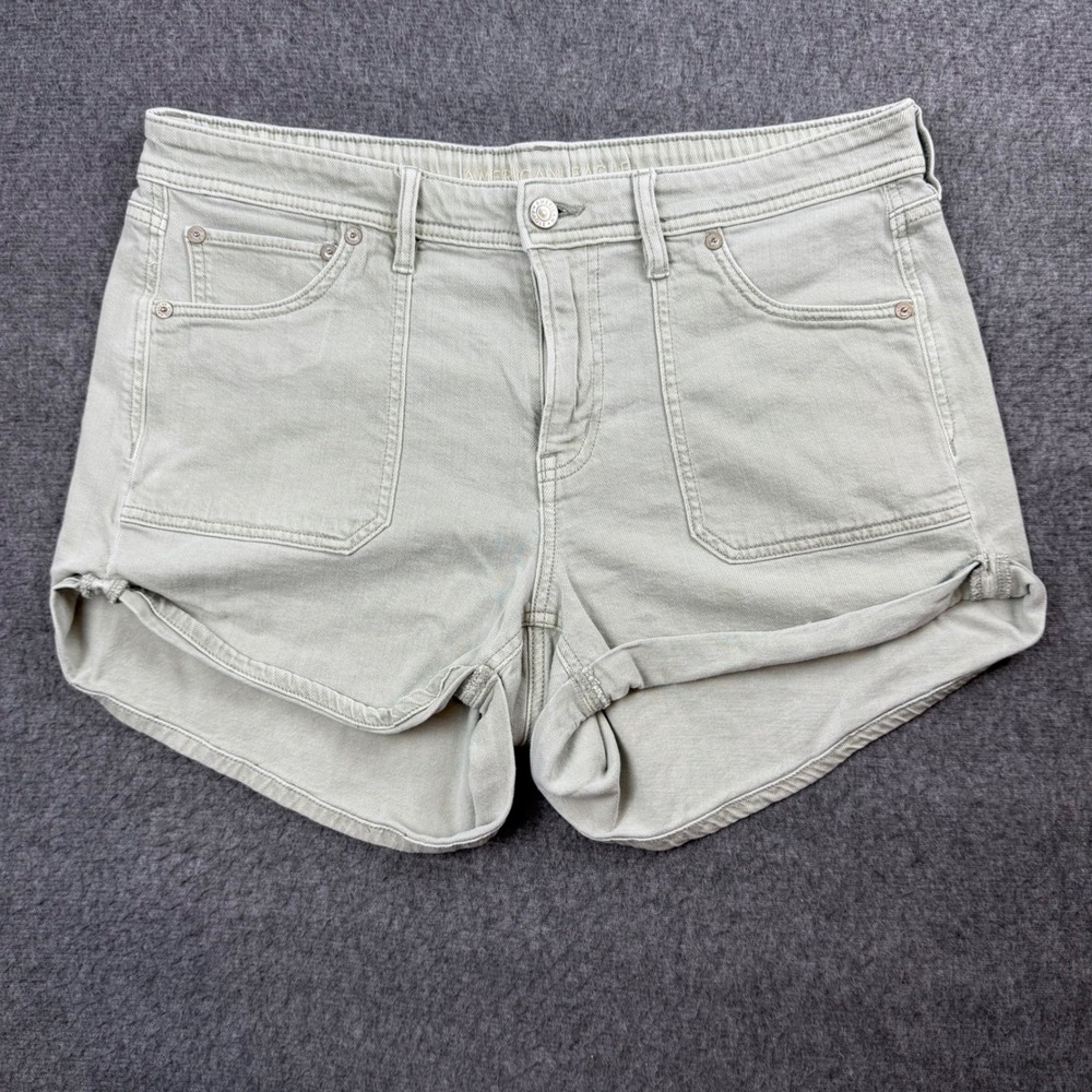 American Eagle Denim Shorts Women 10 Green Khaki Stretch Patch Pocket Rolled Hem
